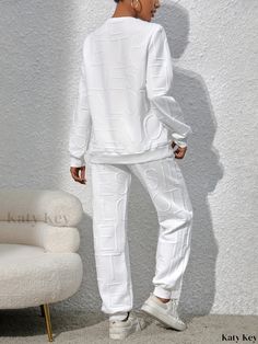 Katykey - Contemporary Two-Piece Set: Stylish Letter Pattern, Long Sleeve Crew Neck Top and Pants Ensemble, Chic Womens Apparel White Loungewear Sets With Pockets, White Lounge Sets With Pockets, White Letter Print Sets For Loungewear, Womens Apparel, Stylish Letters, Crew Neck Top, Letter Patterns, Two Piece Sets, Knitted Fabric