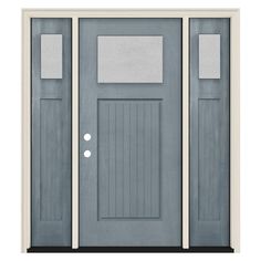 the front door is painted blue and has two glass panels on each side, while the bottom