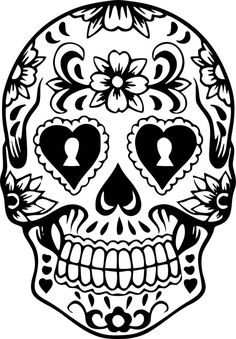 a black and white sugar skull with hearts