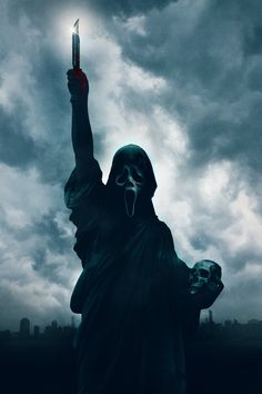 a person with a knife in their hand and a skull on his head is standing next to the statue of liberty