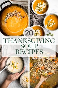 thanksgiving soup recipe collage with text overlay that reads, 20 thanksgiving soup recipes