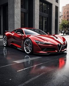 a red sports car parked in front of a tall building