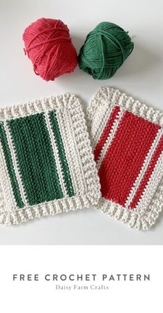 two crocheted coasters with balls of yarn next to one that is red, green and white