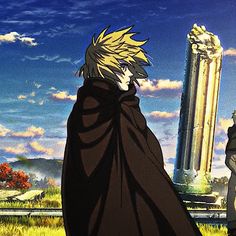 an anime scene with two men standing in front of a tall building and another man looking at the sky