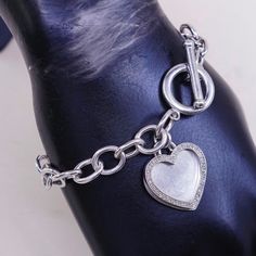 "6.75\", 9mm, Vintage sterling silver handmade circle bracelet, solid 925 silver chain with diamond heart charm and toggle closure, Stamped 925" Silver Charm Bracelet For Valentine's Day, Sterling Silver Charm Bracelet With Toggle Clasp, Silver Charm Bracelet With Heart Charm, Silver Heart-shaped Bracelet With Toggle Clasp, Silver Heart Bracelet With Toggle Clasp, Heart-shaped Charm Bracelet With Toggle Clasp As Gift, Heart Charm Bracelet With Toggle Clasp For Gift, Silver Heart Jewelry With Toggle Clasp, Silver Heart-shaped Jewelry With Toggle Clasp