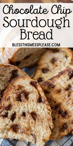 chocolate chip sourdough bread is cut in half and placed on a cooling rack