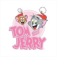 the tom and jerry logo is shown in pink, with an image of two cartoon characters