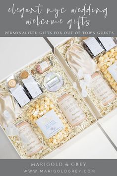 the wedding gift box is filled with personalized gifts