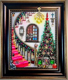 a christmas scene with stairs and a tree in the center is framed by a gold frame