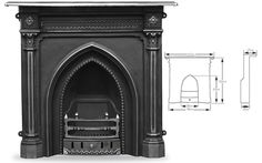 a black fireplace with an ornate design on the top and bottom part, against a white background