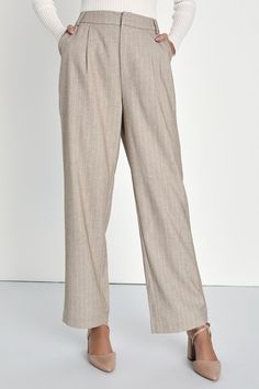 Everyone will take notice when you walk in wearing the Lulus Professionally Posh Beige and White Pinstriped Wide-Leg Pants! Midweight woven fabric, with pinstripes throughout, shapes these pants that have a high waist, belt loops, and front diagonal pockets. Back boasts two decorative welt pockets, atop wide legs that fall to ankle-grazing hems. Hidden zip fly with top clasp closure. Fit: This garment fits true to size. Length: Ankle length. Size medium Inseam: 29.00 Front Rise: 13.00 Waist: Fit Women's Dress Pants, Lulu Pants, Casual Linen Pants, Dress Pant Suit, Looking For Work, Navy Dress Pants, Paperbag Pants, Trousers For Women, Dressy Pants