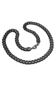 A heavy curb chain necklace is cast in durable ion plated stainless steel. 24" length; 3/8" width Lobster clasp closure Stainless steel with ionic plating Imported Black Metal Curb Chain Necklace, Black Cuban Link Chain Necklace Gift, Black Link Stainless Steel Necklaces, Black Stainless Steel Chain Link Necklace, Black Cuban Link Stainless Steel Chain Necklace, Black Cuban Link Curb Chain Jewelry, Black Stainless Steel Chain Necklace With Lobster Clasp, Black Cuban Link Jewelry With Curb Chain, Black Cuban Link Jewelry With Box Chain