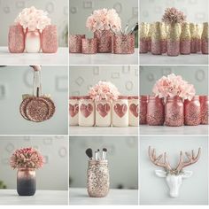 there are many different pictures of vases with flowers and deer's heads on them