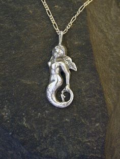 Sterling Silver Mermaid Pendant on a Sterling Silver Chain Mermaids Purse, Mermaid Purse, Celtic Knot Earrings, Mermaid Pendant, Silver Clay, Silver Mermaid, Tahitian Black Pearls, Witch Jewelry, Wax Casting