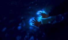 a blurry image of someone's hands in the dark with blue light shining on them