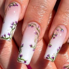 Gel X Riverside’s Instagram post: “Florals on Ombré🥀 #nails #ienails #inlandempirenails #riversidenails #nailinspo #dndgelpolish #nailart #handdrawnnailart…” Spring Theme Nails Acrylic, Forest Nail Ideas, Enchanted Garden Nail Designs, Vine Acrylic Nails, Delicate Flower Nails, Garden Themed Nails, Enchanted Forest Theme Nails, Enchanted Garden Nails, Fairy Themed Nails