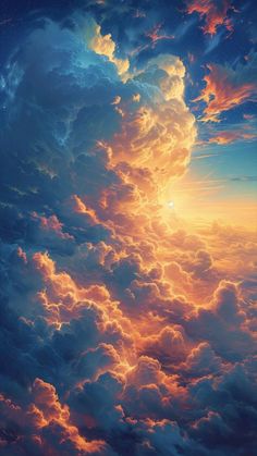 the sky is filled with clouds as the sun sets in the distance behind it,