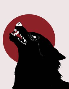 a black wolf with its mouth open in front of a red sun