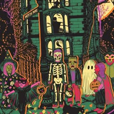 a group of people standing in front of a house with skeletons and pumpkins on it