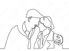 one line drawing of two people kissing each other