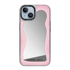 an iphone case with pink and black waves on the front, featuring a camera lens