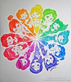 an image of the disney princesses in rainbow colors on white paper with watercolor pencils