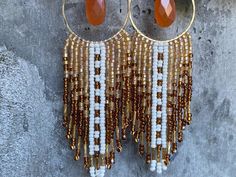 Artisan Gold Earrings With Beaded Fringe, Bohemian Gold Carnelian Earrings, Gold Bohemian Carnelian Earrings, Artisan Gold Jewelry With Fringe, Bohemian Brass Fringe Earrings, Artisan Gold Tassel Earrings, Beading Inspiration, Brass Hoops, Long Fringes