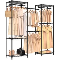 an iron rack with clothes hanging on it