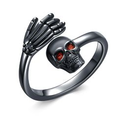 PRICES MAY VARY. 💀Black Skull Ring Design：Modern, fashionable and historic sterling silver skeleton rings are symbol of eternal life. Unique skull skeleton hand ring design with red zircon, perfectly captures the elements that make Halloween unforgettable. 💀Gothic Rings Material: Halloween rings for women were made of 925 sterling silver, nickel free, hypoallergenic, cadmium free, lead free, and this western jewelry is great choice for individuals with sensitive skin. 💀Skull Rings Size: Punk Hand Ring Design, Skeleton Rings, Halloween Rings, Black Skull Ring, Skeleton Ring, Halloween Ring, Skull Rings, Skull Gifts, Jewelry Halloween