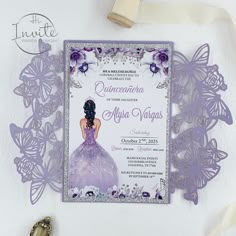 a purple and white wedding card with an image of a woman in a ball gown