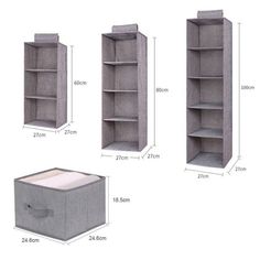 three shelves with different sizes and measurements for each shelf, including the top one in grey