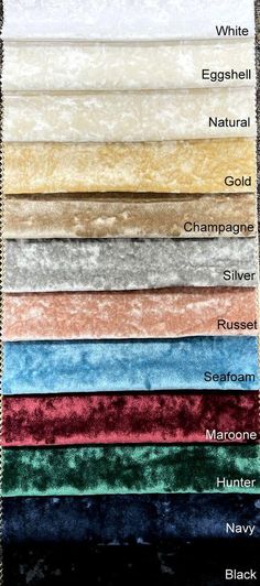 various colors of velvet fabric with the names on each one in different sizes and colors