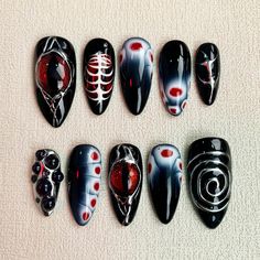 Custom Red Eyes Press On Nails, Gothic Punk Rock Skeleton Nails, Goth Dark Red Y2k, Skeleton Nails, Black Fake Nails, Rock Skeleton, Nails Gothic, Nails Goth, Embrace Your Dark Side, Red Y2k, Punk Nails