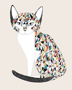 an image of a cat that is made out of geometric shapes and triangles on white paper