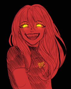 a drawing of a woman with yellow eyes and long red hair, smiling at the camera