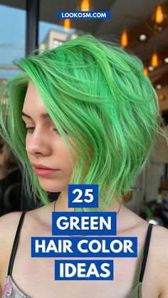 25 Green Hair Colors That Transform Your Ordinary into Extraordinary Lime Green Hair Color, Lime Green Peekaboo Hair, Shades Of Green Hair, Chic Hairstyles Medium, Green Wavy Hair, Green Hair Shades, Green And Yellow Hair, Mint Hair Color, Green Hair Color Ideas