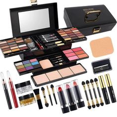 All in one Makeup kits MISS ROSE Makeup: Includes 39 Matte Shimmer Eyeshadows + 6 Blushers + 4 Compact Powder + 3 Lipsticks + 2 Glitter + 1 Liquid Eyeliner + 1 Mascara + 1 Eyeliner Pencil + 1 Lip Liner + 1 Pencil Sharpener + 9 Mini Applicators + 1 Built-in Mirror. One makeup box can be used to achieve a full face look in a variety of styles. Multi-function eyeshadow palette Matte pearl eye shadow powder boasts a delicate texture, long-lasting and smudge-proof, gently releasing rich colors with a Makeup Kit Full Set, Miss Rose Makeup, Full Makeup Kit, Travel Makeup Palette, All In One Makeup, Makeup Gift Set, Professional Makeup Kit, Makeup Kits, Flower Makeup