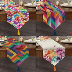 four different images of colorful table cloths with tassels and flowers on them