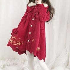 ❤Ruffled lapel snow rabbit coat with fur collar❤ Red Long Sleeve Fur Coat For Winter, Snow Rabbit, Coat With Fur Collar, Coat With Fur, Girly Bags, Heart Bag, Cute Bags, Fur Collar, Fur Collars