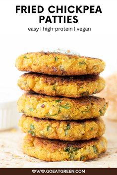 fried chickpea patties stacked on top of each other with text overlay