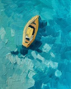 a painting of a yellow boat floating in the ocean