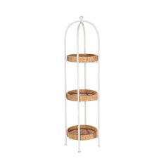 three tiered basket stand with two baskets on each shelf, and one is made out of