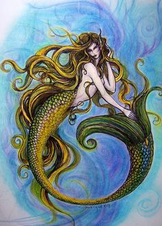 a drawing of a mermaid sitting on top of a blue and green wave with her hair blowing in the wind