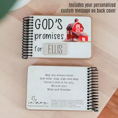 two personalized bookmarks with the words god's propresss for ellis on them