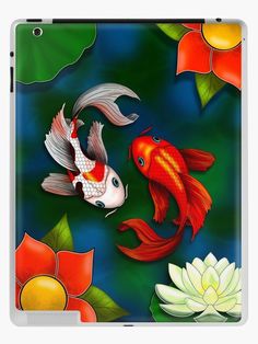 Illustration by Suki's featuring a peaceful and zen  Koi Fish Pond - Koi Fish are in a Yin Yang formation Red Flowers and White Lotus complete the design, shown on a mouse pad, laptop sleeve, laptop skin, iPad skin and iPhone case. Fish Yin Yang, Yin Yang Koi Fish, Gold Koi, Yin Yang Koi, Yin Yang Symbol, Koi Fish Pond, Water Pond, White Lotus, Flowers White