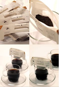 four different shots are shown with labels on them and in the same cup, one is filled with coffee