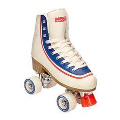 a pair of roller skates with blue and red wheels