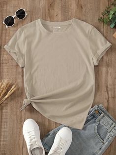 Solid Round Neck Tee Khaki Casual  Short Sleeve Fabric Plain  Slight Stretch  Women Clothing, size features are:Bust: ,Length: ,Sleeve Length: Brown Tshirt Outfit, Plain Tee Shirts, Tee Shirt Outfit, Beige T Shirts, Beige Outfit, Latest T Shirt, Round Neck Tees, Coffee Shirts