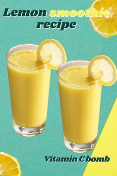 two glasses filled with lemon smoothie on top of a blue and yellow background