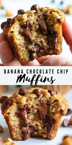 banana chocolate chip muffins are stacked on top of each other